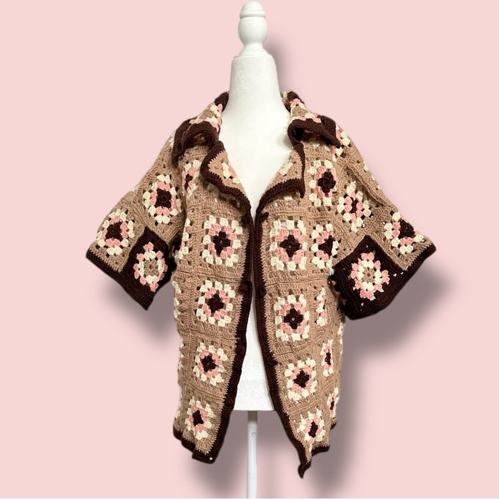 Handmade Crochet Cardigan - Brown and Cream